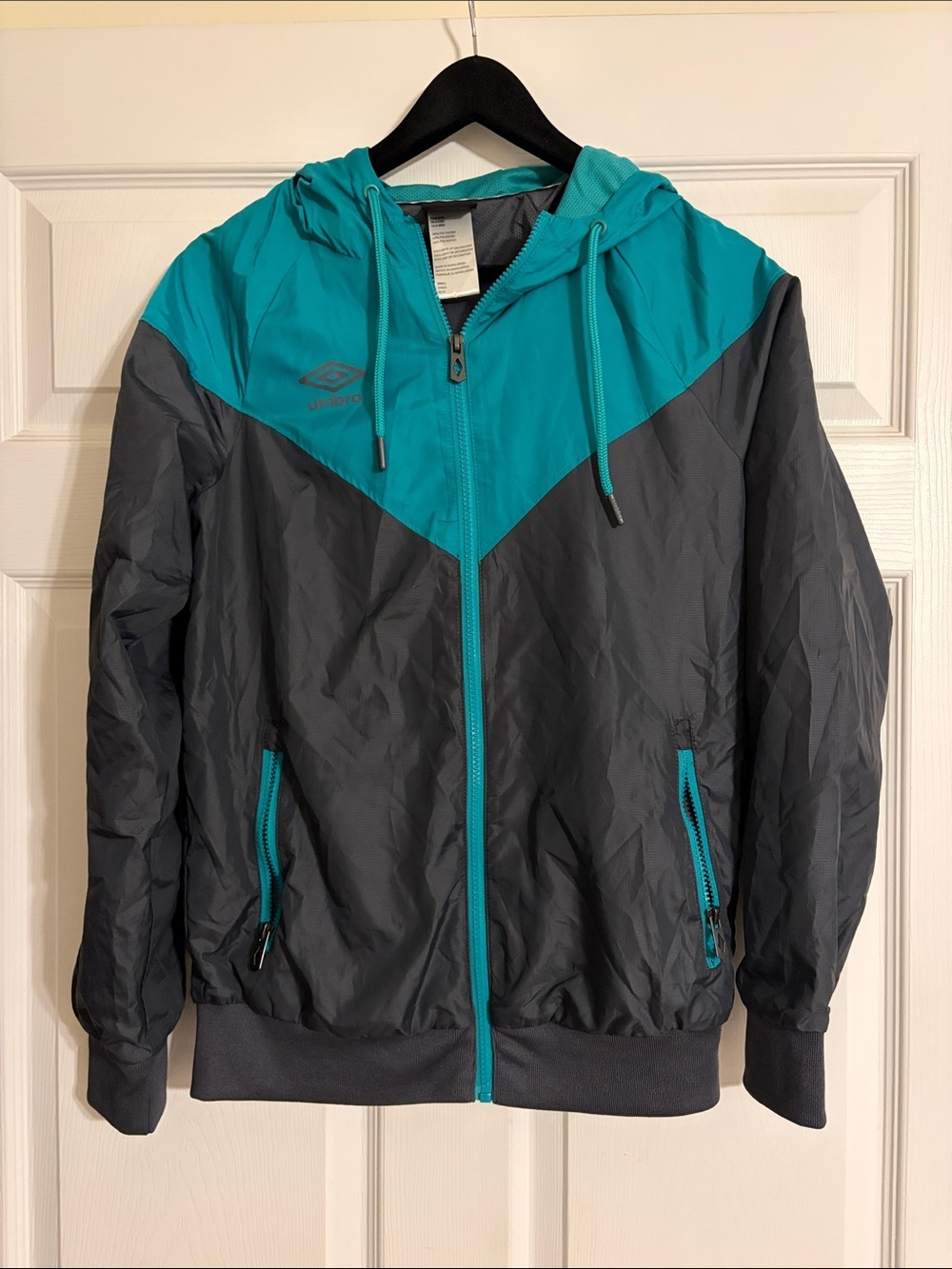 Umbro Vintage Style Teal Gray Chevron Full Zip Hooded Windbreaker Jacket Men’s S